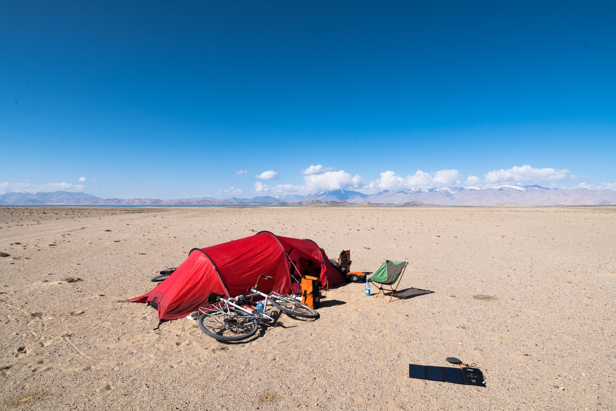 Our tent, setup in the middle of nowhere after we got sick of pushing our bikes through sand